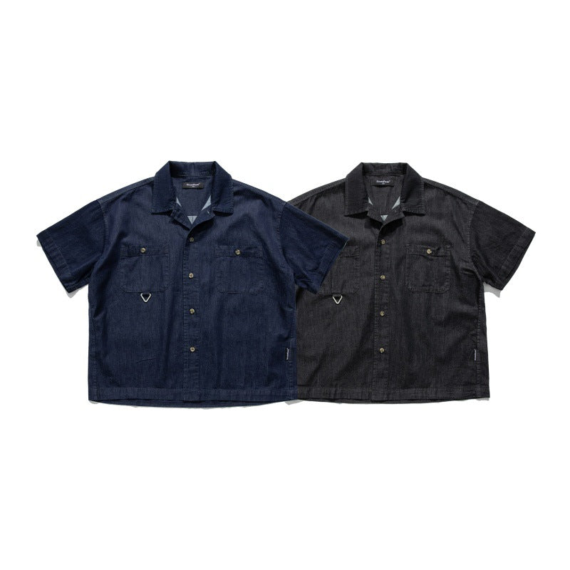 Cuban Collar Loose Fit Denim Shirt for Men