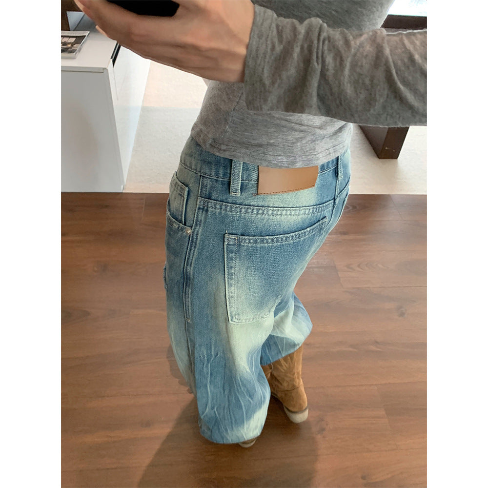 Unique Design Distressed Wide Leg Denim Pants with Tie-Dye Stripes for Women