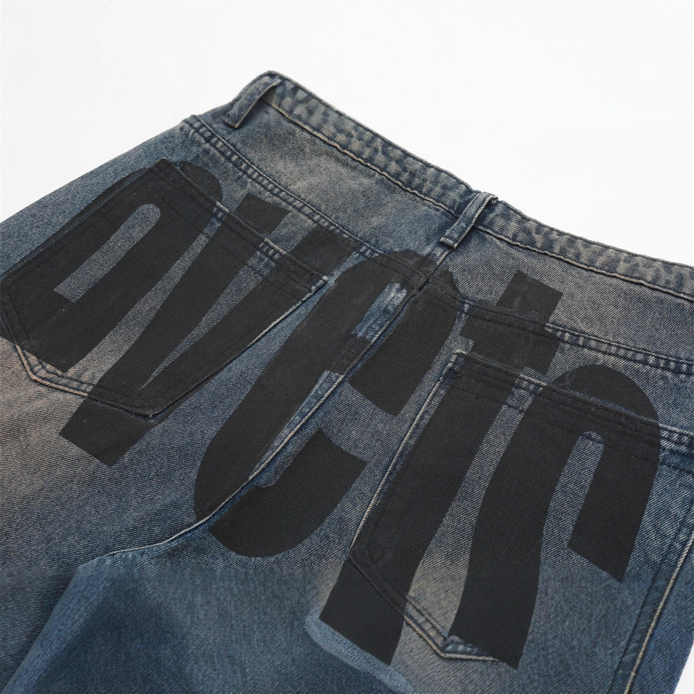 Men's Straight Leg Denim Jeans with Letter Print, Casual Loose Fit Pants