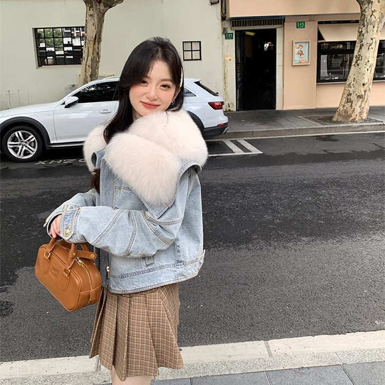 Women's Blue Patchwork Faux Fur Denim Jacket