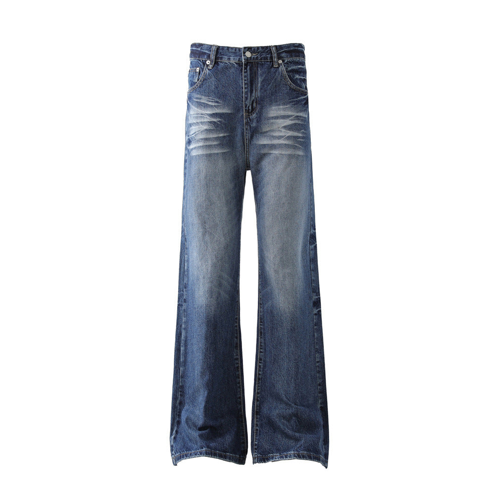 Mens Washed Denim Bell Bottom Jeans — Flared Mid Waist Zip Fly Streetwear