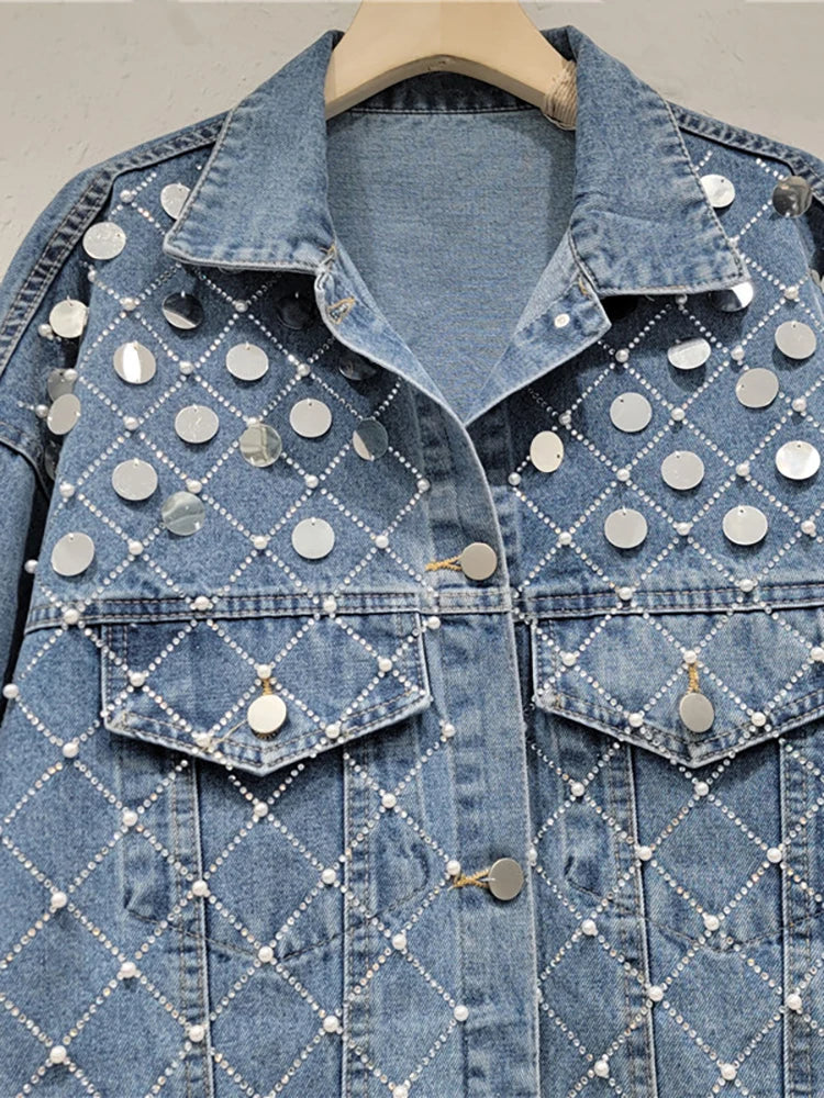 Women's Denim Jacket with Big Sequins, Pearls, and Rhinestones