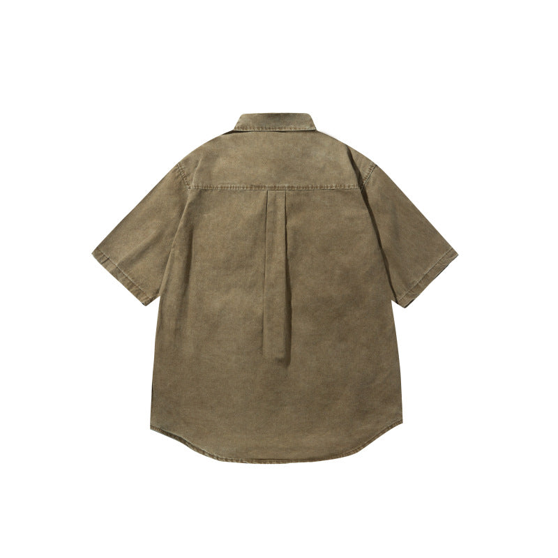 Retro Washed Distressed Patch Pocket Loose Workwear Shirt for Men