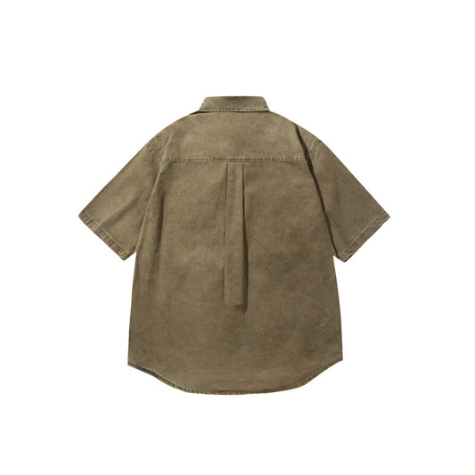 Retro Washed Distressed Patch Pocket Loose Workwear Shirt for Men