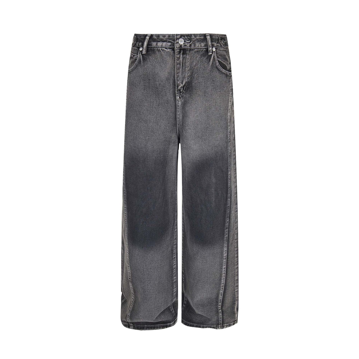 Unisex Retro Washed Spliced Denim Pants - Loose Wide Leg Straight Trousers