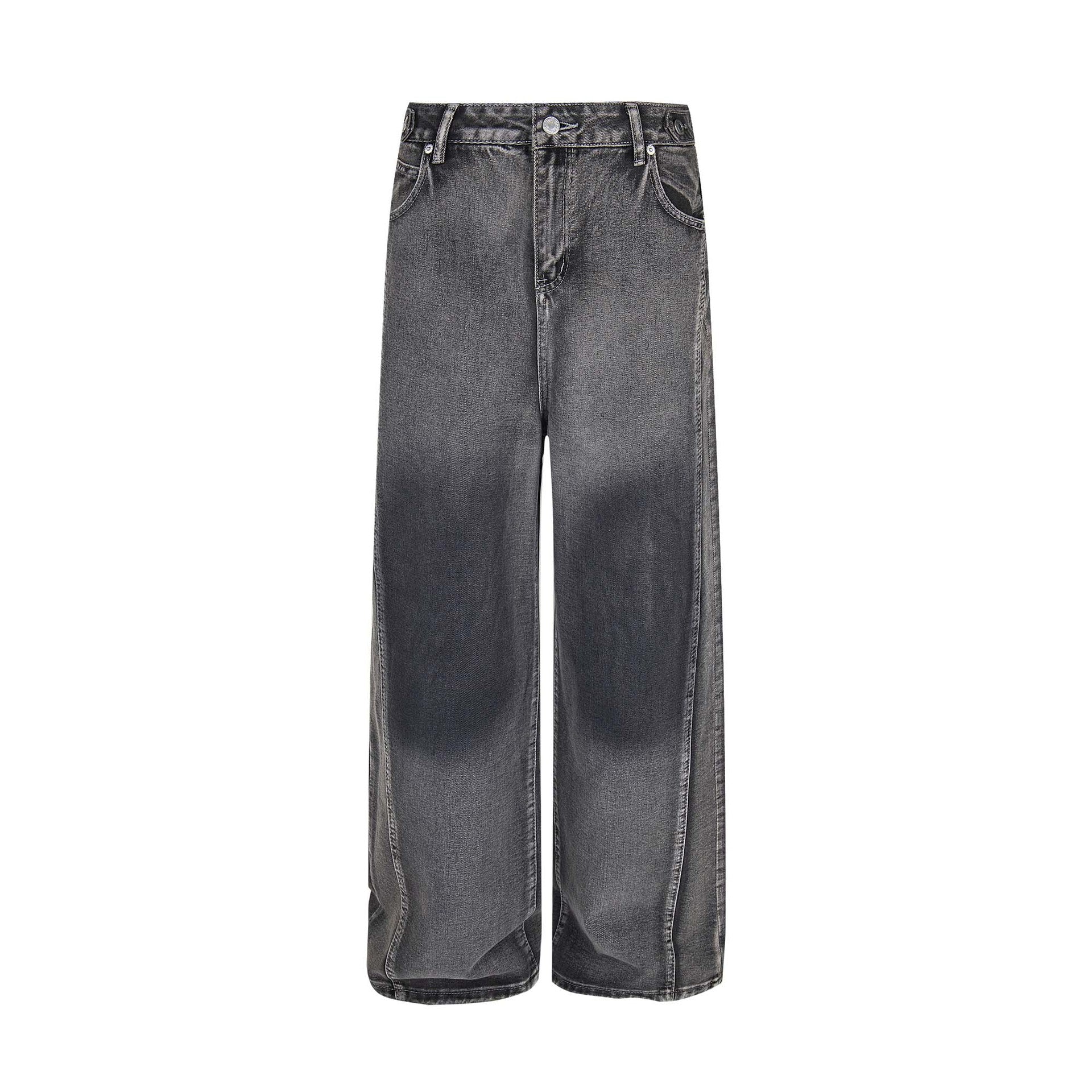 Unisex Retro Washed Spliced Denim Pants - Loose Wide Leg Straight Trousers