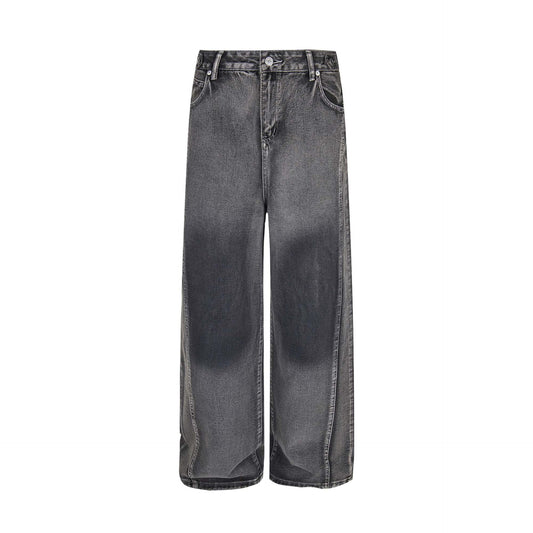 Unisex Retro Washed Spliced Denim Pants - Loose Wide Leg Straight Trousers