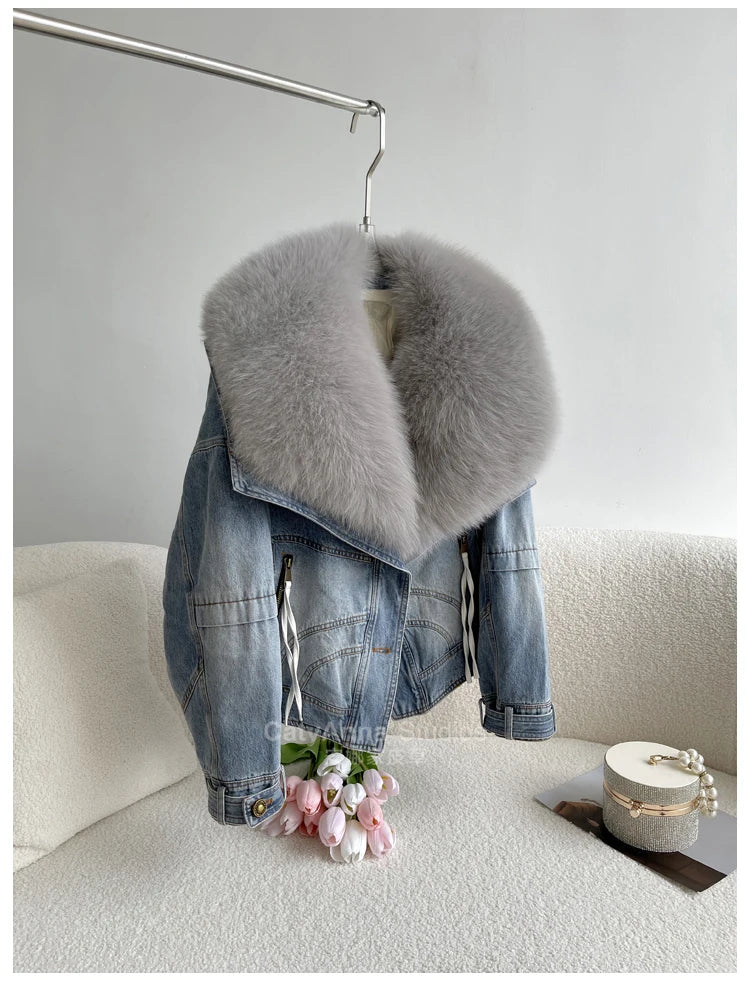 Women's Casual Denim Jacket with Fox Fur Collar
