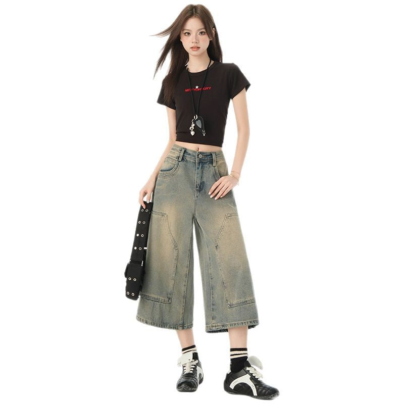 High-Waisted Women's Denim Pants - Vintage Loose Wide-Leg Cropped Style