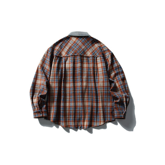Color Blocked Denim Patchwork Brushed Plaid Shirt