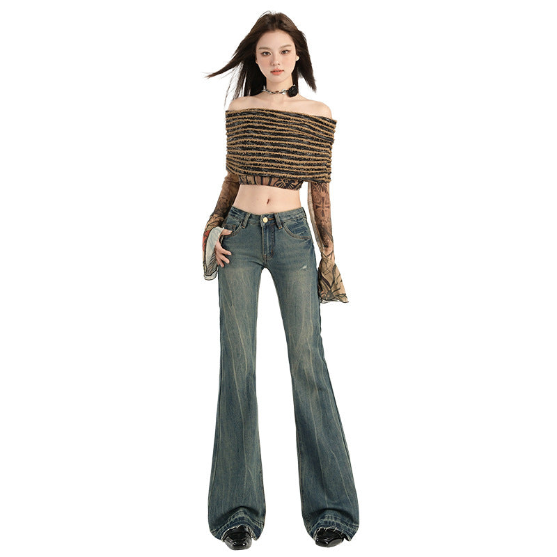 Women's Design Low Waist Flared Jeans - Versatile Floor-Length Pants