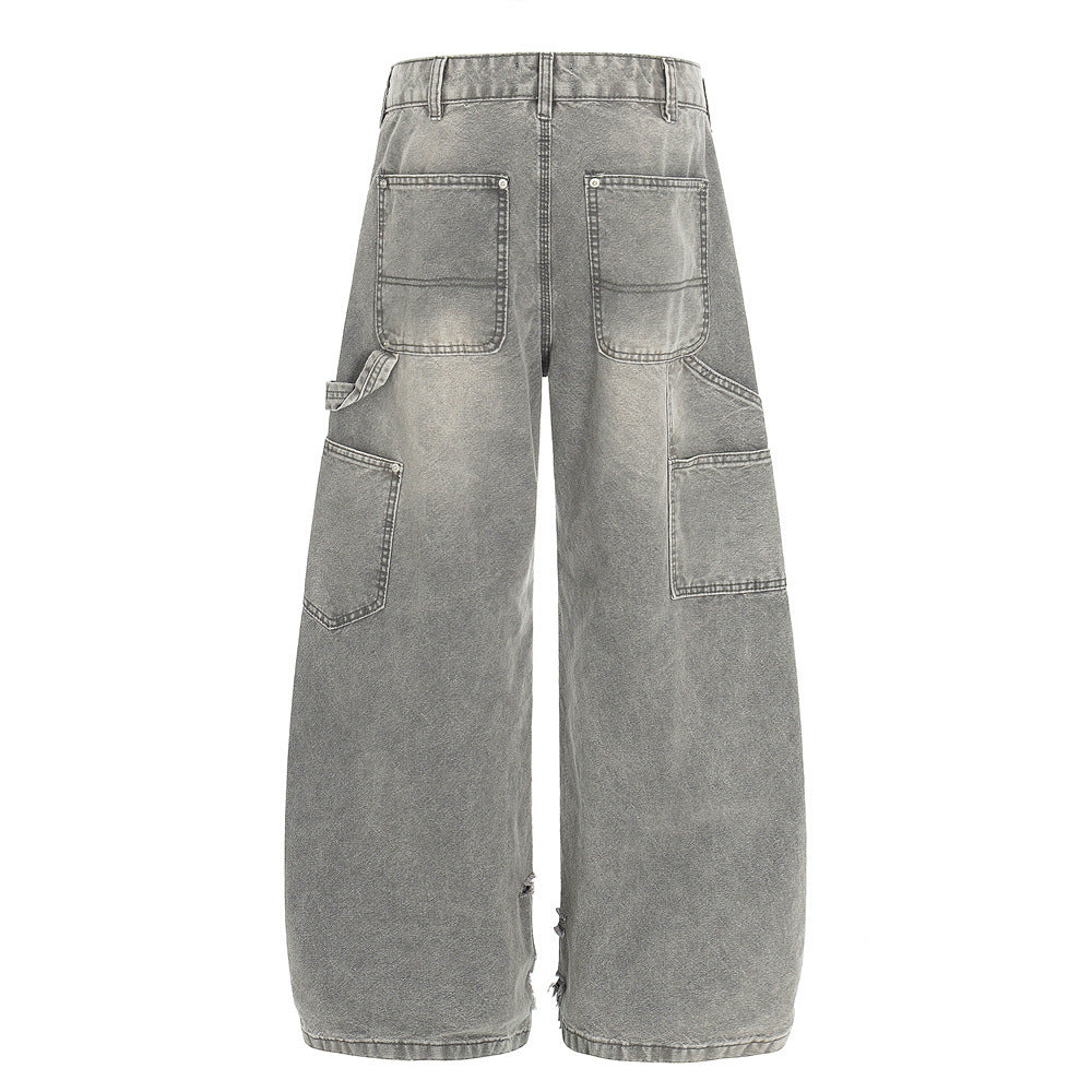 Men's Denim Pants - Distressed Design Loose Wide-Leg
