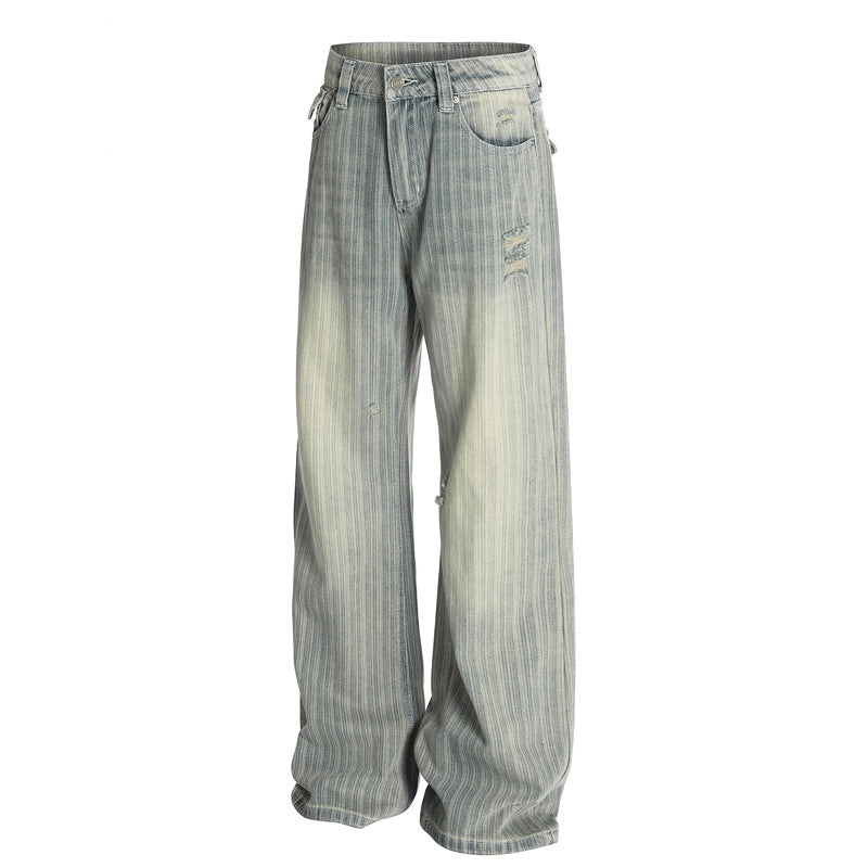 Vintage Vertical Striped Distressed Denim Pants