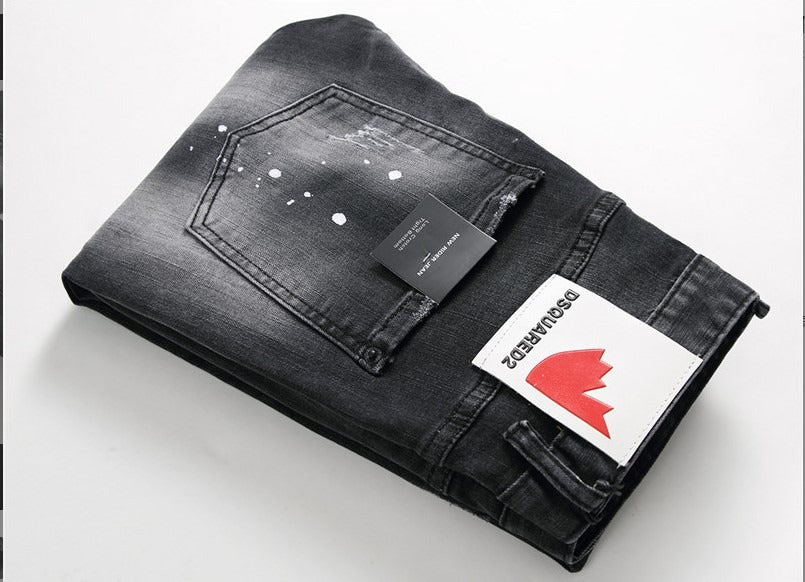 Black and Gray Torn Zipper Jeans for Men