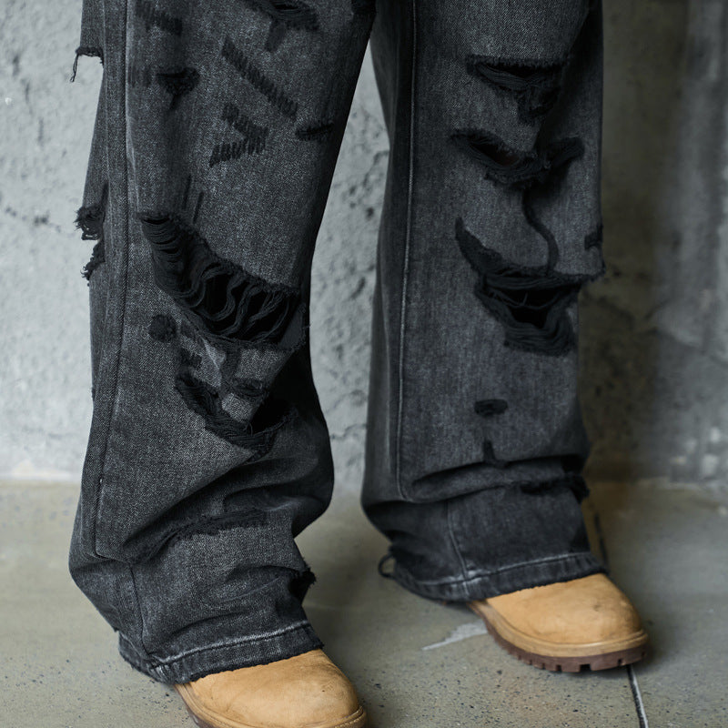 Men's Loose Wide Leg Denim Pants - High Street Post-Apocalyptic Style