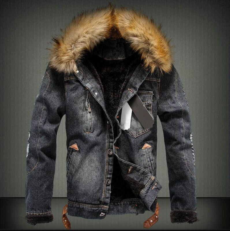 Casual Thickened Fleece-Lined Denim Jacket for Men