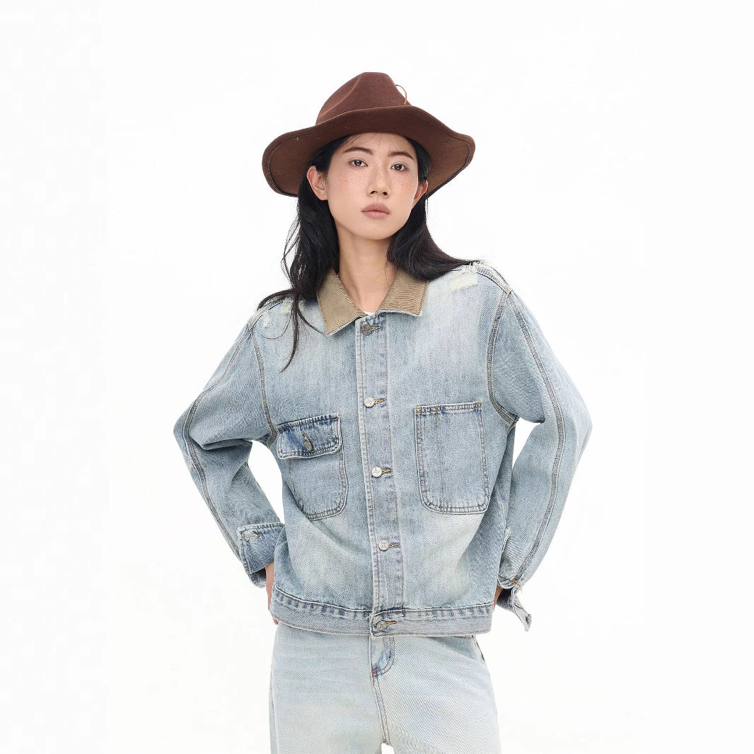 Collar Splicing Design Denim Loose Casual Jacket
