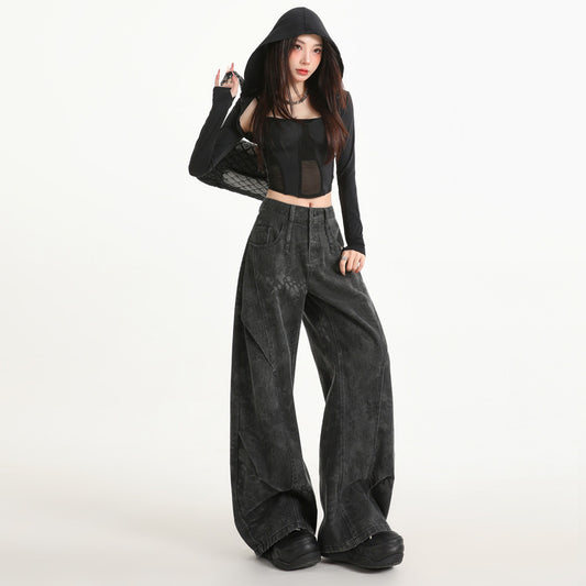 Black Gray Wide-Leg Jeans for Women - High-Waist Straight Loose Design with Unique Print