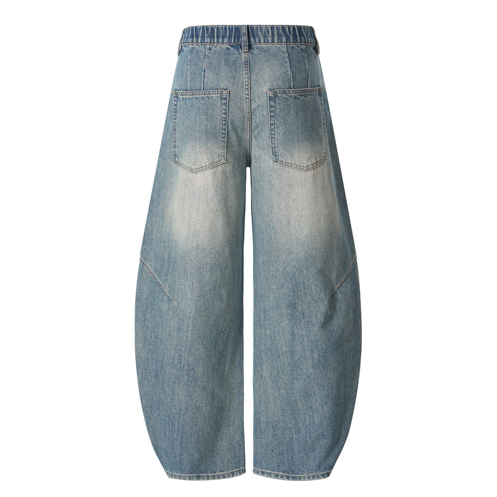 Men's Denim Pants, White Washed Patchwork Tapered Fit, Versatile Loose Fit Men's Jeans