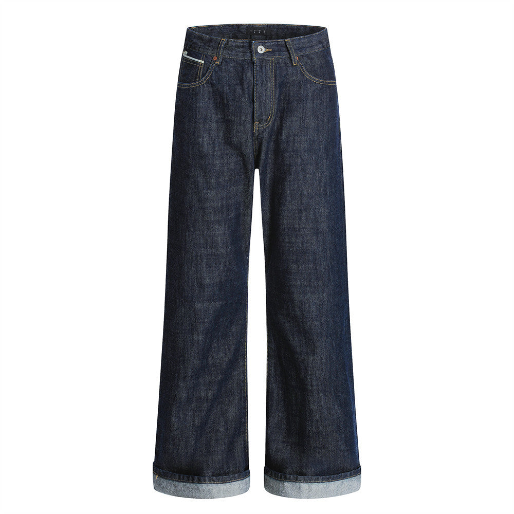 Men's Loose-Fit Cuffed Wide-Leg Denim Pants
