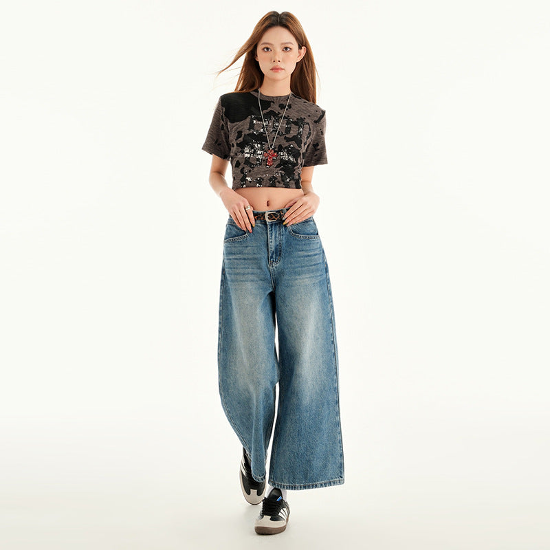 High-Waisted Wide-Leg Three-Quarter Denim Pants for Women - Vintage Washed Loose Straight Leg