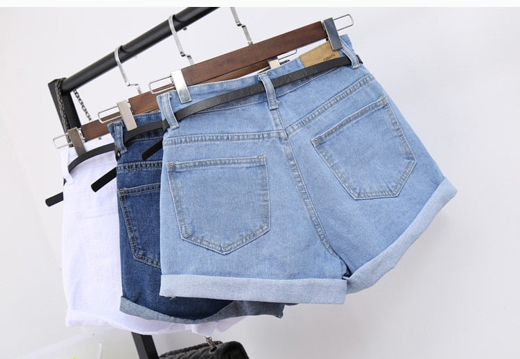 High Waist Women Denim Shorts with Pockets - Casual Cotton Slim Fit