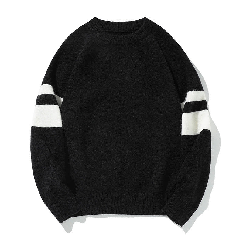 Color-Block Jacquard Round Neck Pullover Sweater for Men - Japanese Loose Retro Knitwear