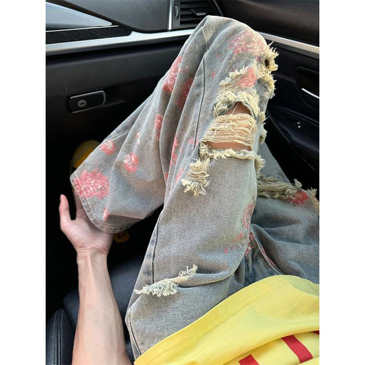 Floral Ripped Denim Full Print Casual Pants