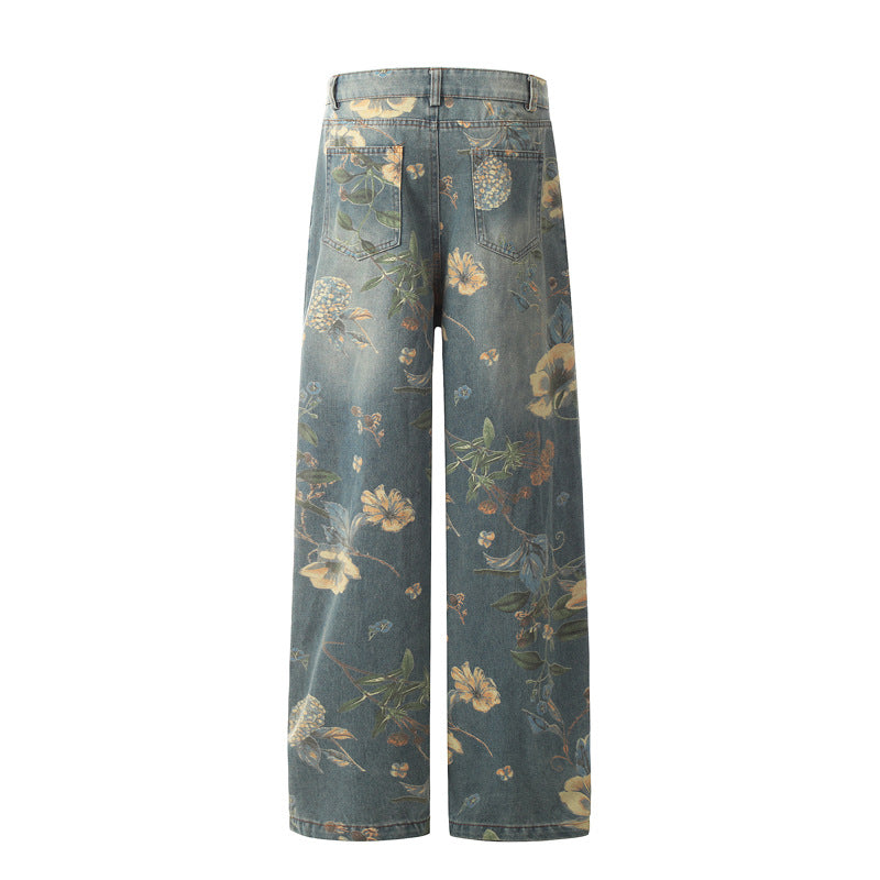 Unisex Floral Print Denim Pants with Unique Design - Straight Loose Wide Leg