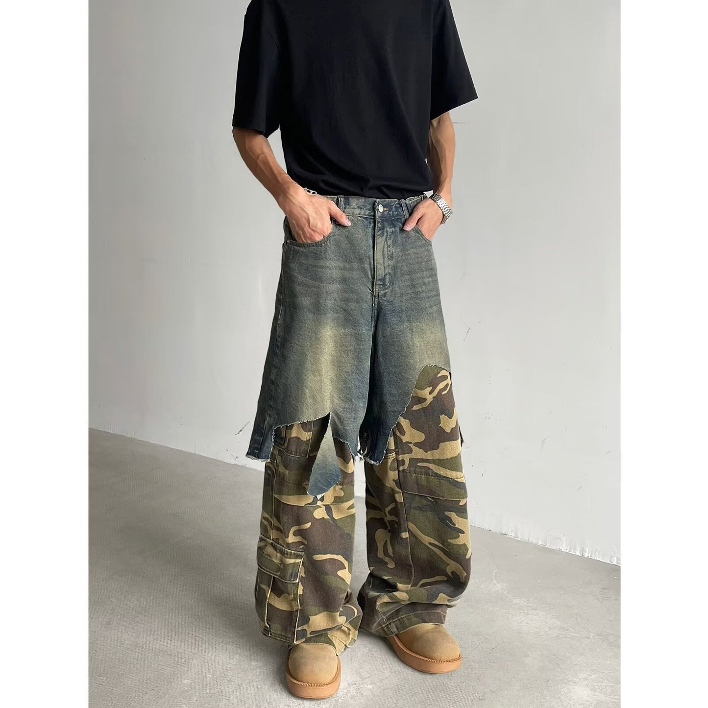 Splicing Fake Two Camouflage Workwear Color Blocked Jeans