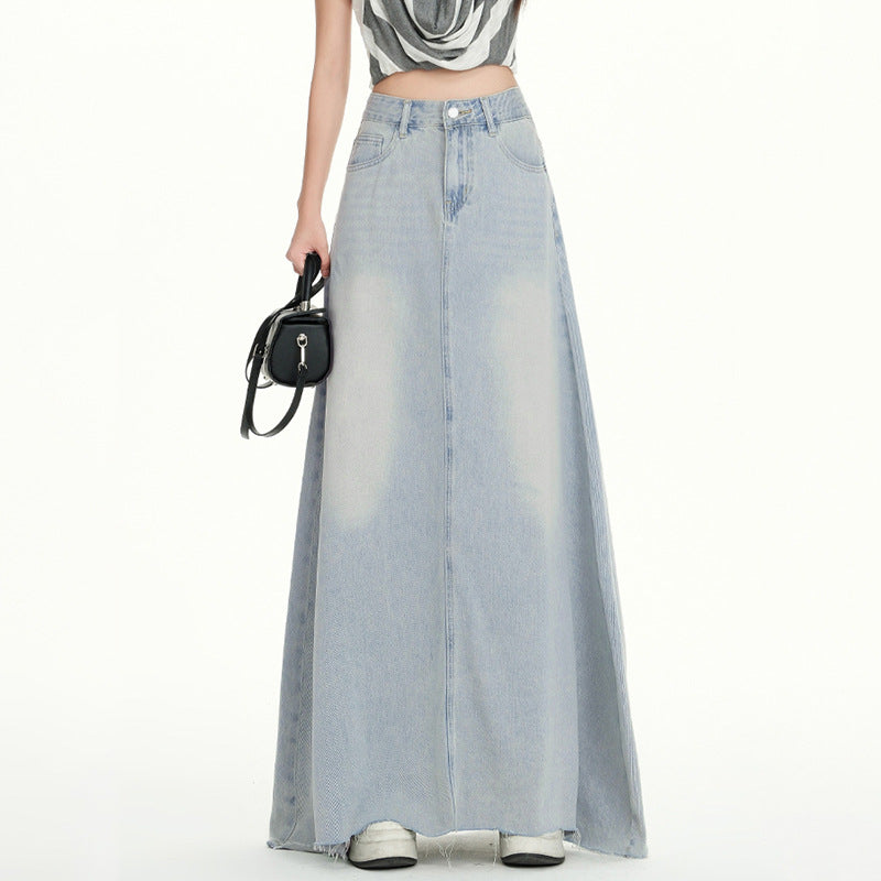 High-Waisted Flowing Denim Skirt for Women - Spring Summer Flared Design with Frayed Hem