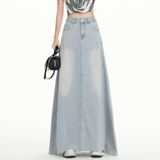 High-Waisted Flowing Denim Skirt for Women - Spring Summer Flared Design with Frayed Hem