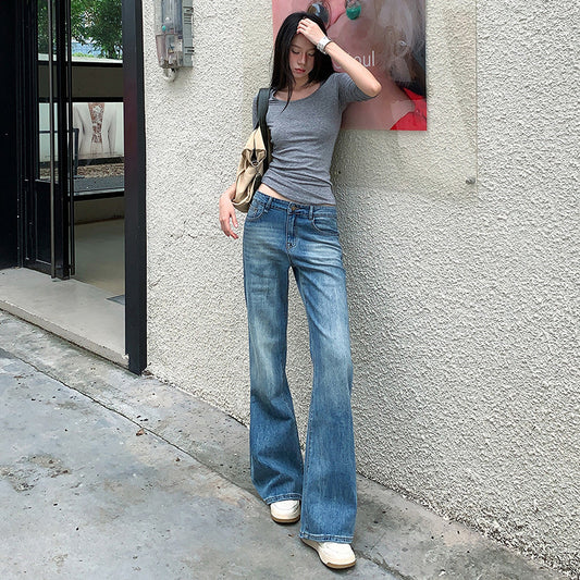 Flared Denim Pants for Women - Low Waist Slim Fit Washed Versatile Elastic Slightly Flared Trousers