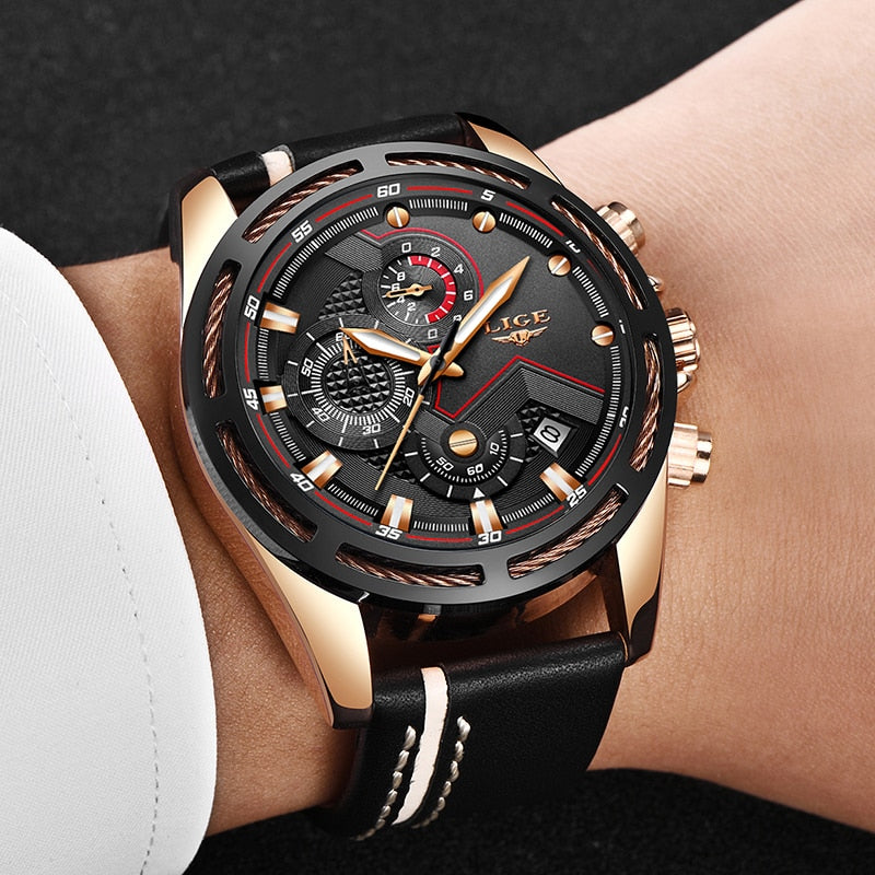Men's Luxury Gold Waterproof Sport Quartz Watch with Leather Band