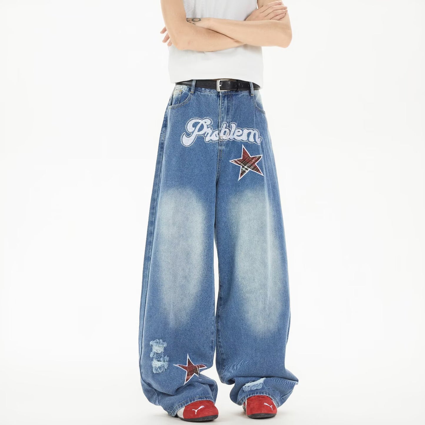 Star Embroidered Cowboy Loose Wide Leg Casual Pants