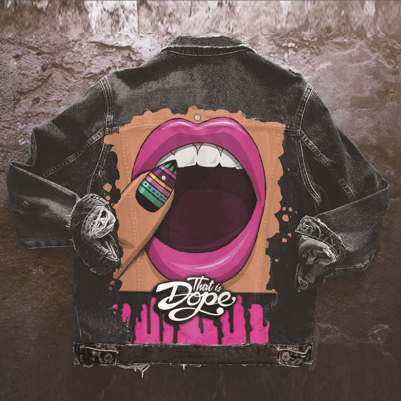 Women's  Denim Jacket with Lips Print