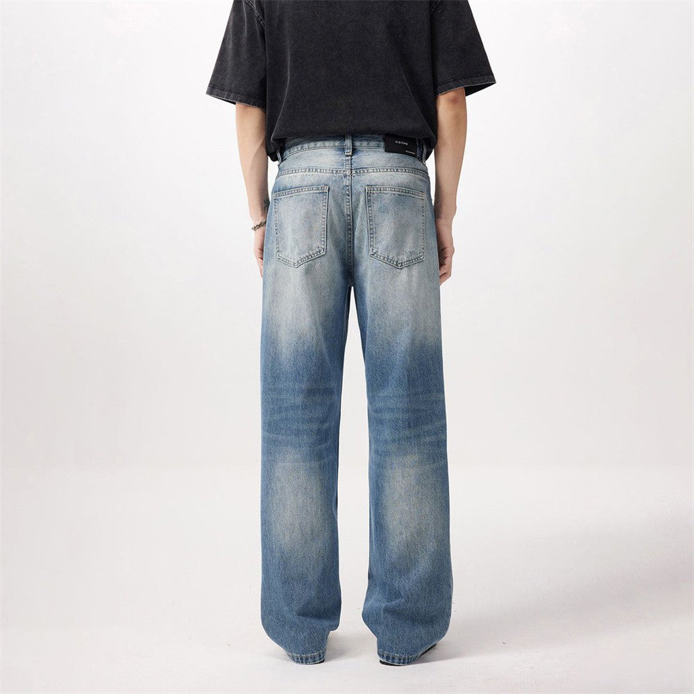 Gradient Wash Denim Jeans — Mid-Rise Straight Leg Zipper Fly (Blue)