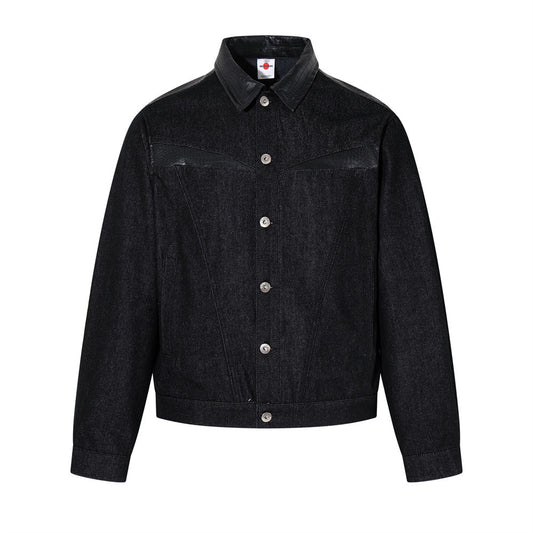Black Color Block Denim Jacket — Loose Mid-Long Cotton Street Style