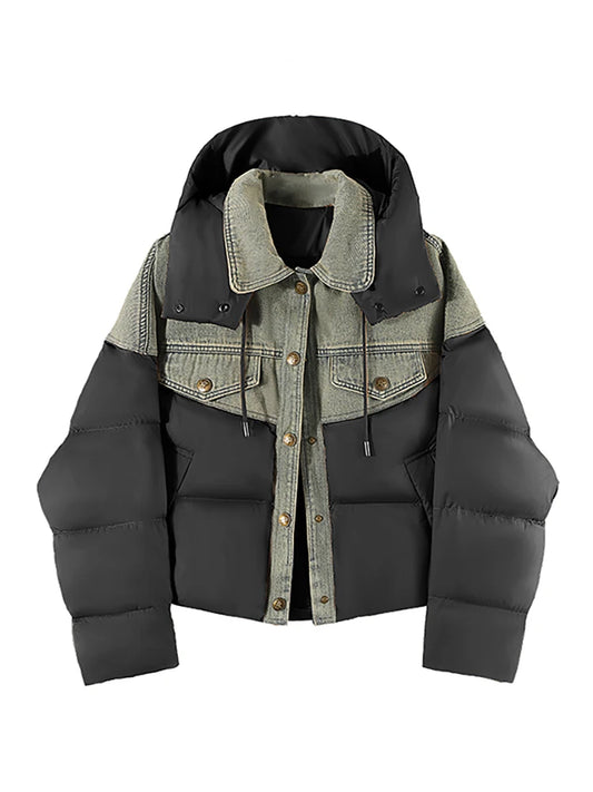 Women's Hooded Denim Coat with Patchwork Design and Button Closure