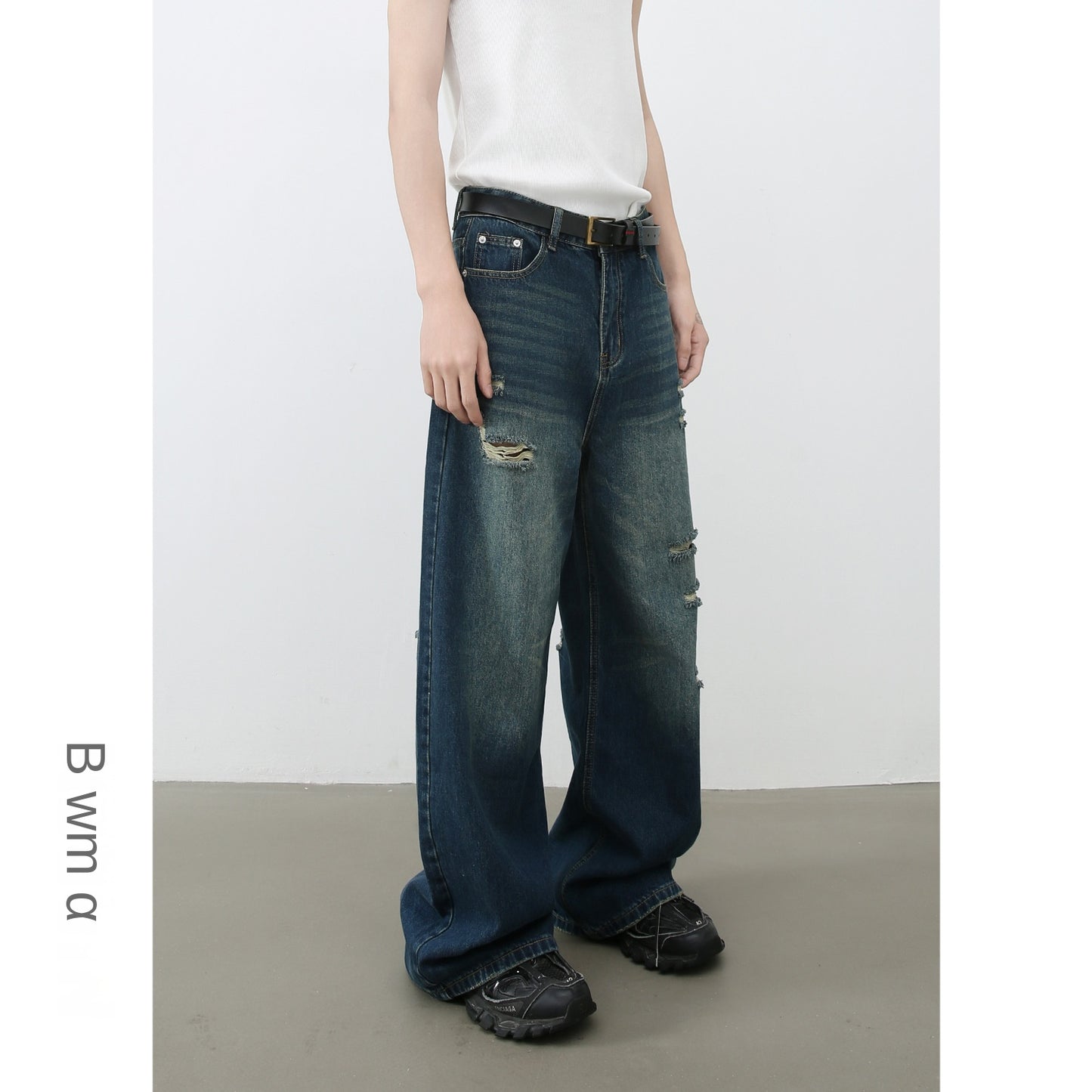 Wide-Leg Distressed Denim Trousers for Men - Loose Straight Vintage Floor-Length Pants