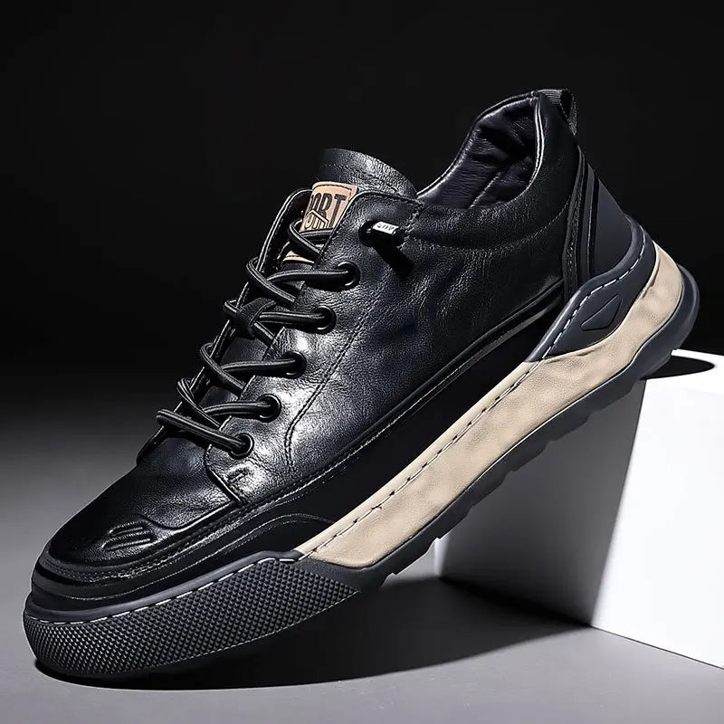 Men's Lace-Up Real Leather Sports Sneakers - Genuine Leather Casual Shoes