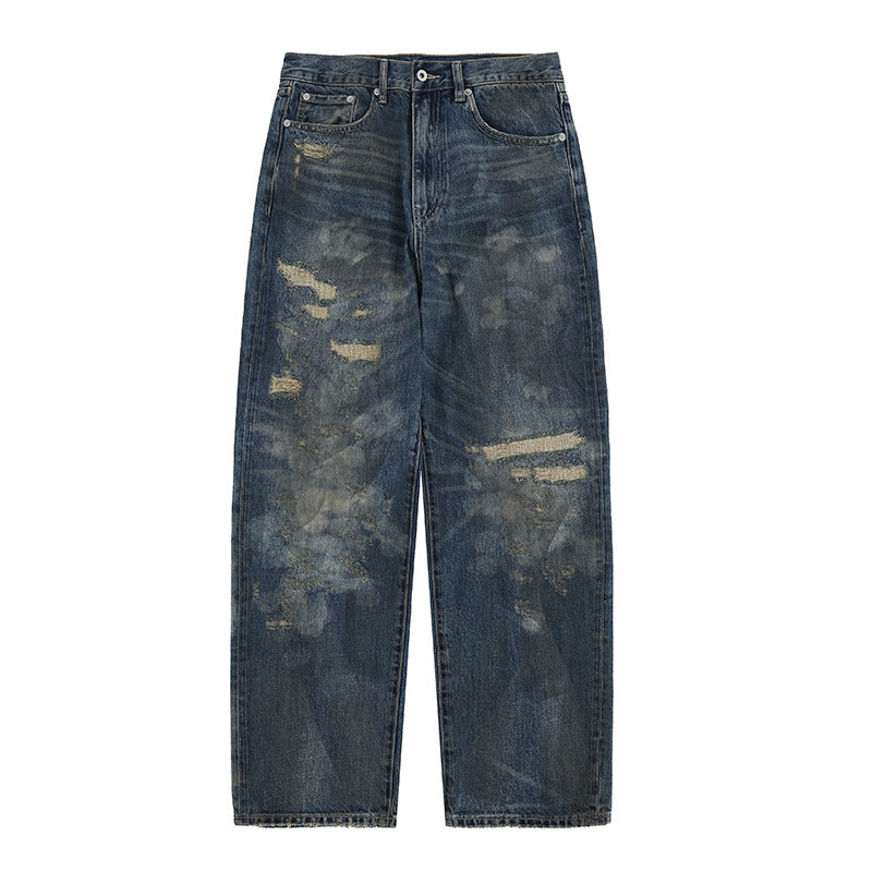 Men's Water-Washed Casual Straight Jeans with High-End Distressed Design