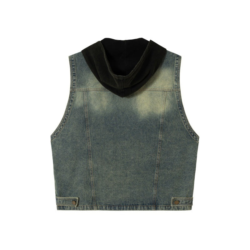 Functional Multi-Pocket Casual Loose Fit Hooded Denim Vest for Men