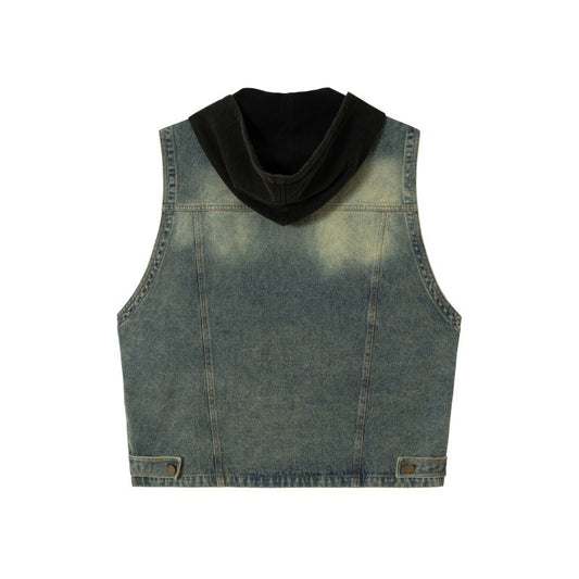 Functional Multi-Pocket Casual Loose Fit Hooded Denim Vest for Men