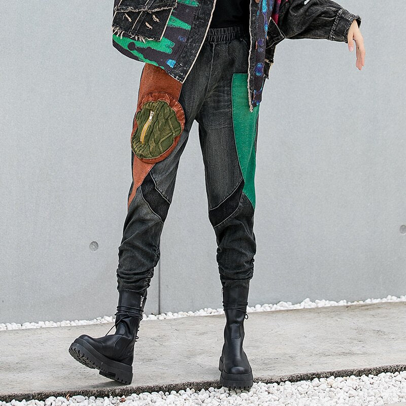 Fashion Tie-dye Print Contrast Stitching Denim Hooded Jacket