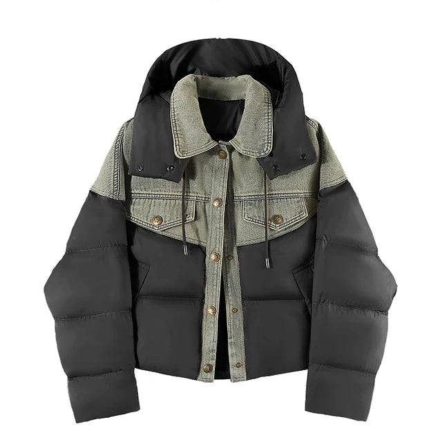 Women's Hooded Denim Coat with Patchwork Design and Button Closure