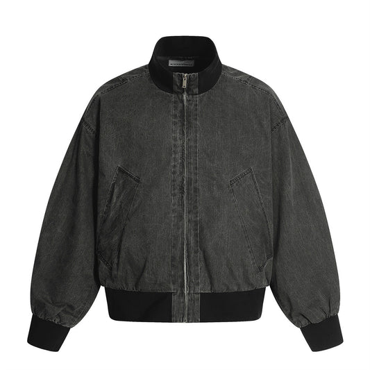 Men's Vintage Denim Jacket - Color Block Design, Stand Collar, Zipper