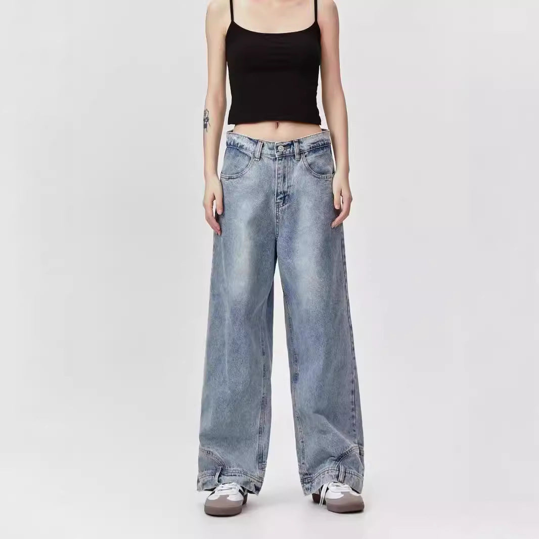 Inverted Reverse Design Washed Distressed Loose Straight Wide Leg Jeans