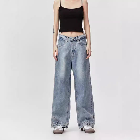 Inverted Reverse Design Washed Distressed Loose Straight Wide Leg Jeans