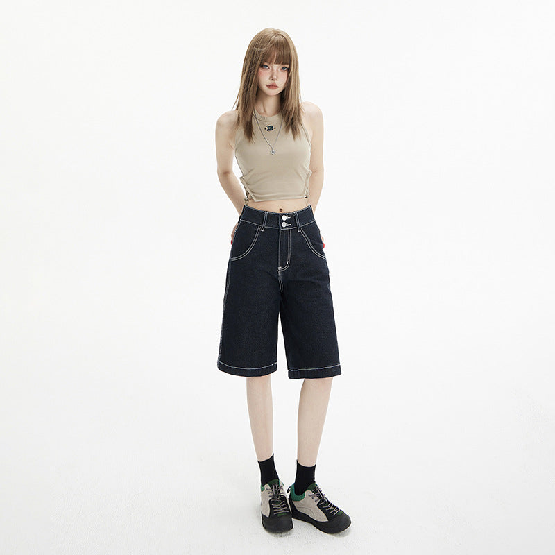 Women's Double Button High Waist Retro Loose Wide Leg Denim Trousers